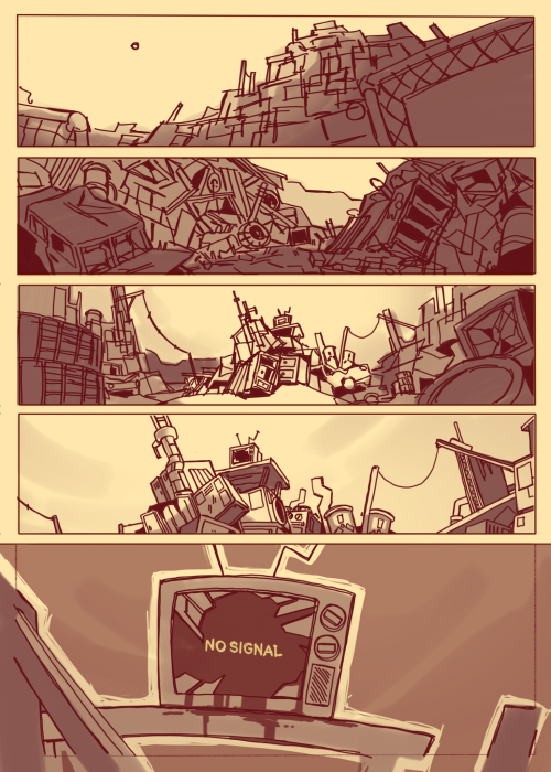 1: The page split into five square frames. The first being of a wide shot of a large junkyard with the following three frames being of various spots around the junkyard leading up to the revealing of the main subject and the focus of the final frame, a TV with the words "NO SIGNAL" visible behind a broken, dripping display.