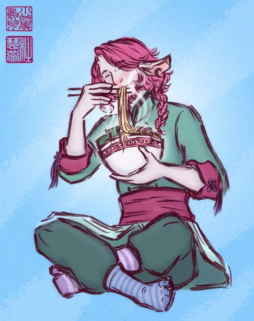 theatricuddles:sketch-bird:home comforts it’s what he deserves ✋[ID: Art of Caduceus enjoying a nood