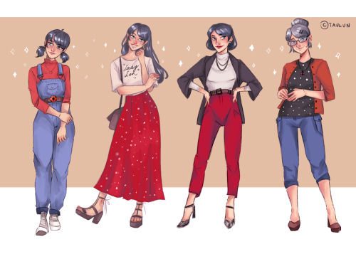taulun: Marinette wearing red throughout the years! In this order: 15 years old, 21 years old, 38 ye
