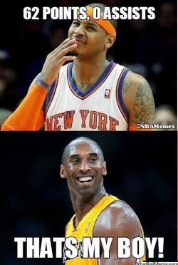thenbamemes:  Kobe Bryant excited about Melo’s 62 points!