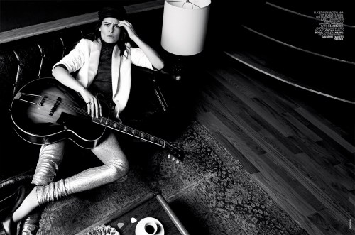 Louise Pedersen with guitar in “Like a Rolling Stone” for Marie Claire Italia, August 2015. Photogra