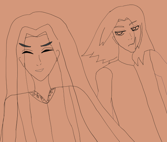 Alejandro looking calm and cheerful toward an unknown individual, wearing a tunic with sea and circular sun design along the collar and with long hair. Antonio watches him coldly from a bit behind him, seeming to be sitting. There are no colors and the background is taupe.