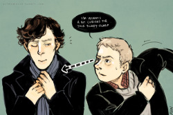 artmediocre:  &ldquo;Hey there I really like your blog :) Also uh if you’re still taking requests do you think you could do a johnlock one where john (who can’t directly kiss sherlock because of the height difference) pulls sherlock by his scarf and