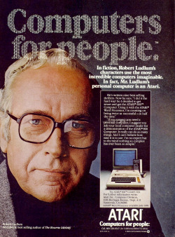 gameraboy:  Robert Ludlum, author of The Bourne Identity, prefers to write on his Atari 800, 1981 ad.