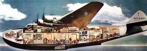 redarmyscreaming:Boeing 314 Clipper was an American long-range flying boat  produced by Boeing from 1938 to 1941. One of the largest aircraft of its  time, it had the range to cross the Atlantic and Pacific oceans. For  its wing, Boeing re-used the design