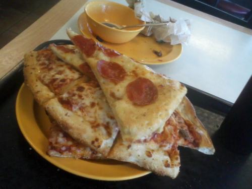 I ate 30 slices of pizza today, maybe 15 or more pieces of cheesy bread, a bowl of pasta, and five cinnamon rolls.  (There was another picture, but it got messed up somehow when I was putting it on my computer) 