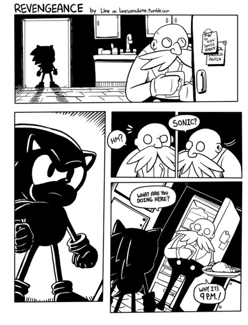 linesonwhite: I got a really good idea two nights ago and finished it up tonight.Originally this was just three pages, but while eating dinner, I got an idea for a fourth page, soooo HERE WE AREI just liked the idea of Sonic busting into Eggman’s house