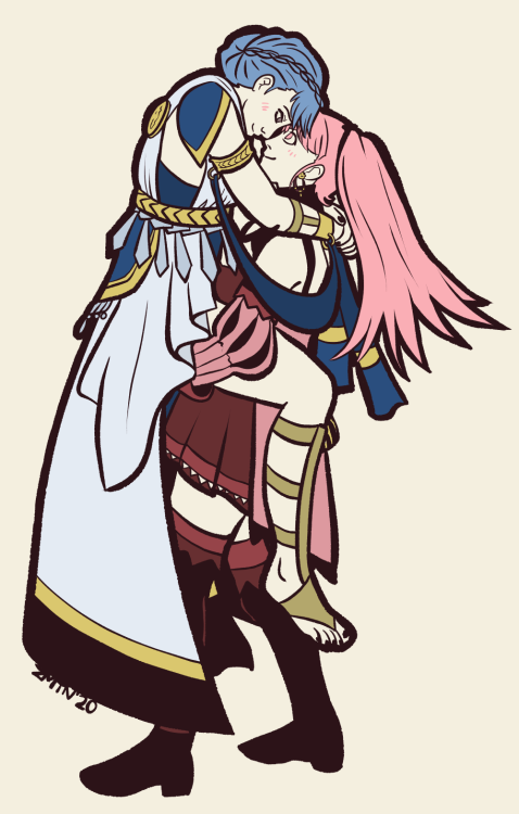 [image: hilda fire emblem stands holding up marianne, dressed as a dancer, as they both smile with t