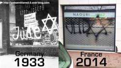 eretzyisrael:  This tag was found on a kosher store in Saint-Maur-des-Fosses (Ile-de-France).  Anti-Semitism today is the same as yesterday …it is the mask which changes!