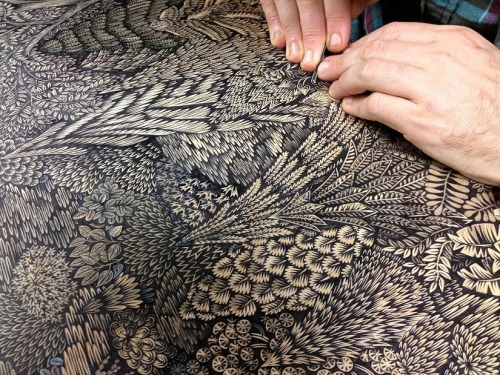 cubebreaker:Artists Paul Roden and Valerie Lueth of the Tugboat Printshop spent 2 years meticulously carving this woodcut forest landscape. 