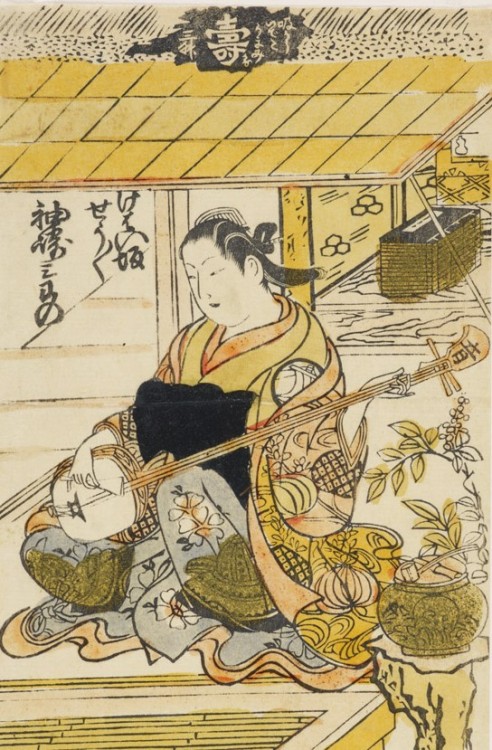 an image of a woman playing the Samisen, in 17th century Edo Japan