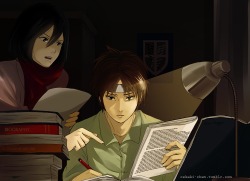 oekaki-chan:  &ldquo;Mikasa, i can do it by myself, so please go to your room, additionally you’re totally disturbing me…&rdquo; &ldquo;No Eren, i know you’re bad at history…&rdquo; 