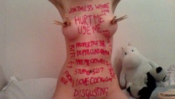 tasksforsubsandslaves:  Body Writing Fun Completely fill as much of your body as you can with degrading words/phrases you feel apply to you. 