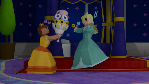 in Rosalina's bedroom, Rosalina is giving Princess Daisy a single daisy as Princess Daisy hands Rosalina a full bouquet of daisies.