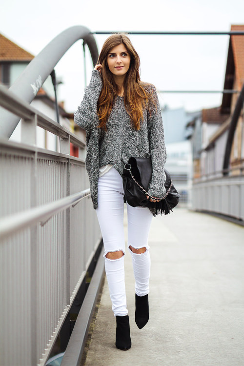 justthedesign: Valerie Husemann in her black and white pebble sweater from Glamorous, white ripped 