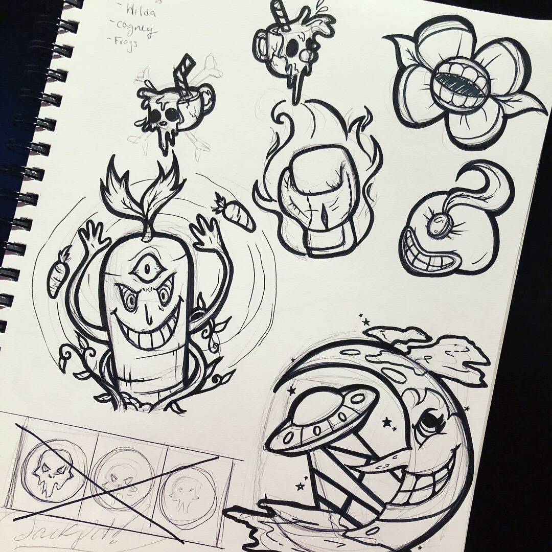 RADIOACTIVE DOLLS — Some sketches of the Cuphead tattoo flash sheets