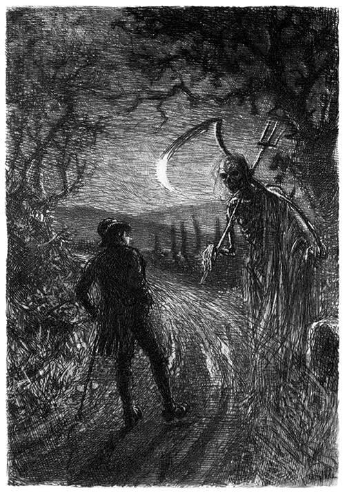 Death and Doctor Hornbook. A man walks on a country road at night and meets death round the bend, in
