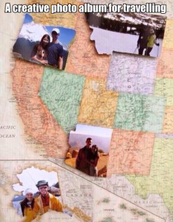 lifemadesimple:  A creative photo album when travelling through the united states (perhaps a road trip through Europe)  Nice idea, but some European countries are so small that it&rsquo;s impossible to attach a photo. And the form of the countries would