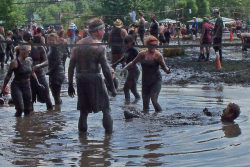 Watery mud volleyball game, but  makes for easy swimming