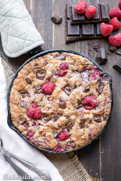 sweetoothgirl:  Raspberry Chocolate Chunk Skillet Cookie 