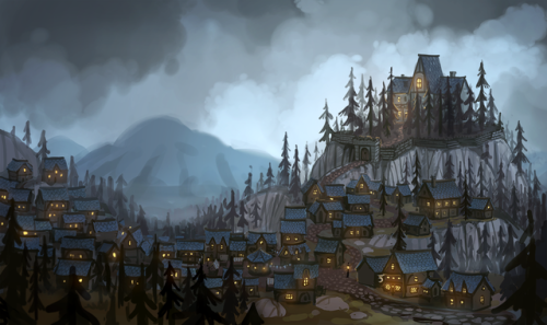 qwertyprophecy: Environment concept of the town of Pinecliff, from my art heist D&amp;D story