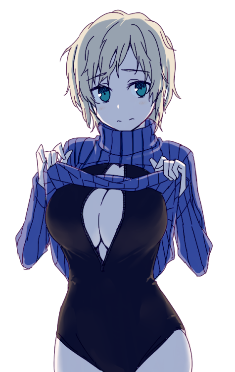 himura-kiseki:  胸開きタートルネックたくし上げ黒フロントジッパー競泳水着は青黒or白金？ (初出: 2015.03.09 on Twitter)    
