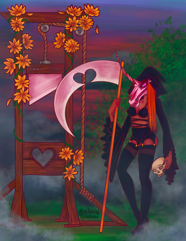 A digital painting of a woman with a pink unicorn skull instead of a human head. She wears hooded lingerie and holds a pink scythe with a heart in the blade. She stands holding a skull next to a guillotine adorned with daises. The part of the guillotine where a head would rest is heart shaped. 