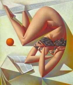 doorn-roosje:  clubrogernimier:  Woman reading book with orange. Georgy Kurasov (Russian, b.1958). figurative with surreal cubist influence, dynamic narrative and iconic.  ~~🌹~~ 