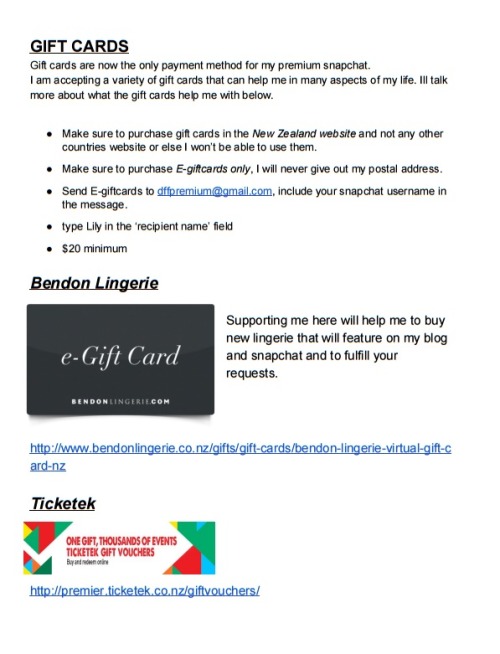 Accepting these giftcards now as payment for my premium snapchat (yes im still accepting direct bank deposits within New Zealand)any questions dont be afraid to ask-to view the above pages with clickable links click HERE or just use the links belowBendon