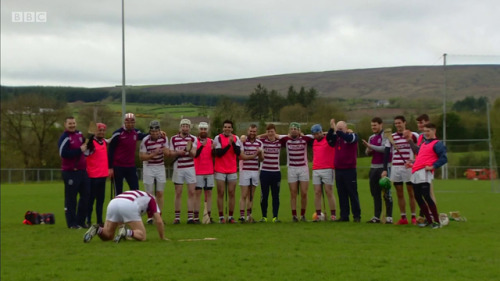 Adrian Chiles playing a game of hurling in “Christine & Adrian’s Friendship Test” s1e02