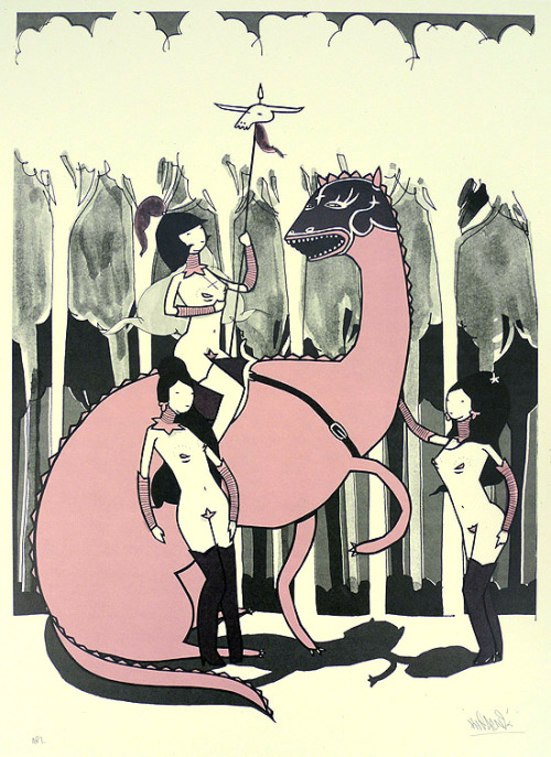 Kid Acne (b. 1978, Lilongwe, Malawi) - Dragon Girls, 2007   2 Color Silkscreen