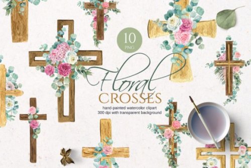 Floral Cross Watercolor Graphic by Elena Dorosh Art 10 watercolor Floral Easter Crosses – PNG, 300dp