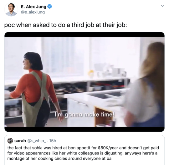 freshwaterraven:  halfhardtorock:  leepacey:  el-waylly:  nomorepennies:  the fact that sohla was hired at bon appetit for โK/year and doesn’t get paid for video appearances like her white colleagues is digusting. anyways here’s a montage of her