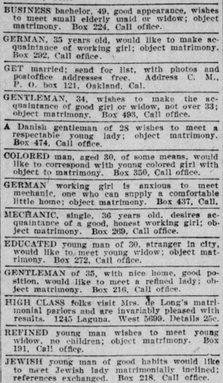 A slice of the personal ad page from the San Francisco Call, February 7, 1909. Hopefully the German 