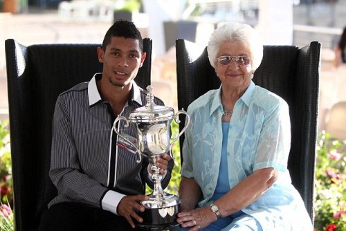 24-year-old South African sprinter Wayde van Niekirk, Rio 2016 Olympic champion in the 400m, and his coach, 74-year-old Anna “Tannie Ans” Botha.