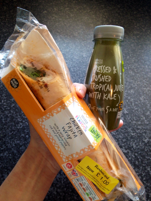 Dinner was a chicken fajita wrap and some tropical kale juice from Marks & Spencer! The wrap was