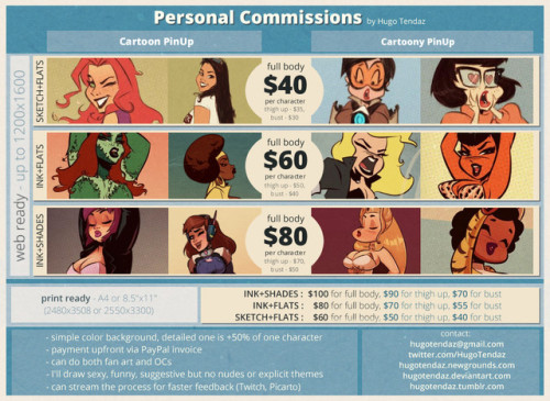   Personal Commissions - Prices and Guide    Here are the new prices and guide for my Cartoon and Cartoony PinUps for personal commissions. You can choose between this two styles.In this image you can see examples of level of details and rendering you