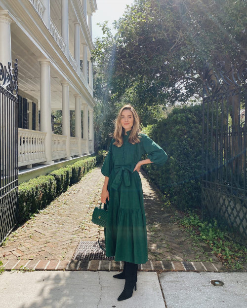 Julia Berolzheimer in a Seraphina Dress, Attico Boots and Chanel Bag 