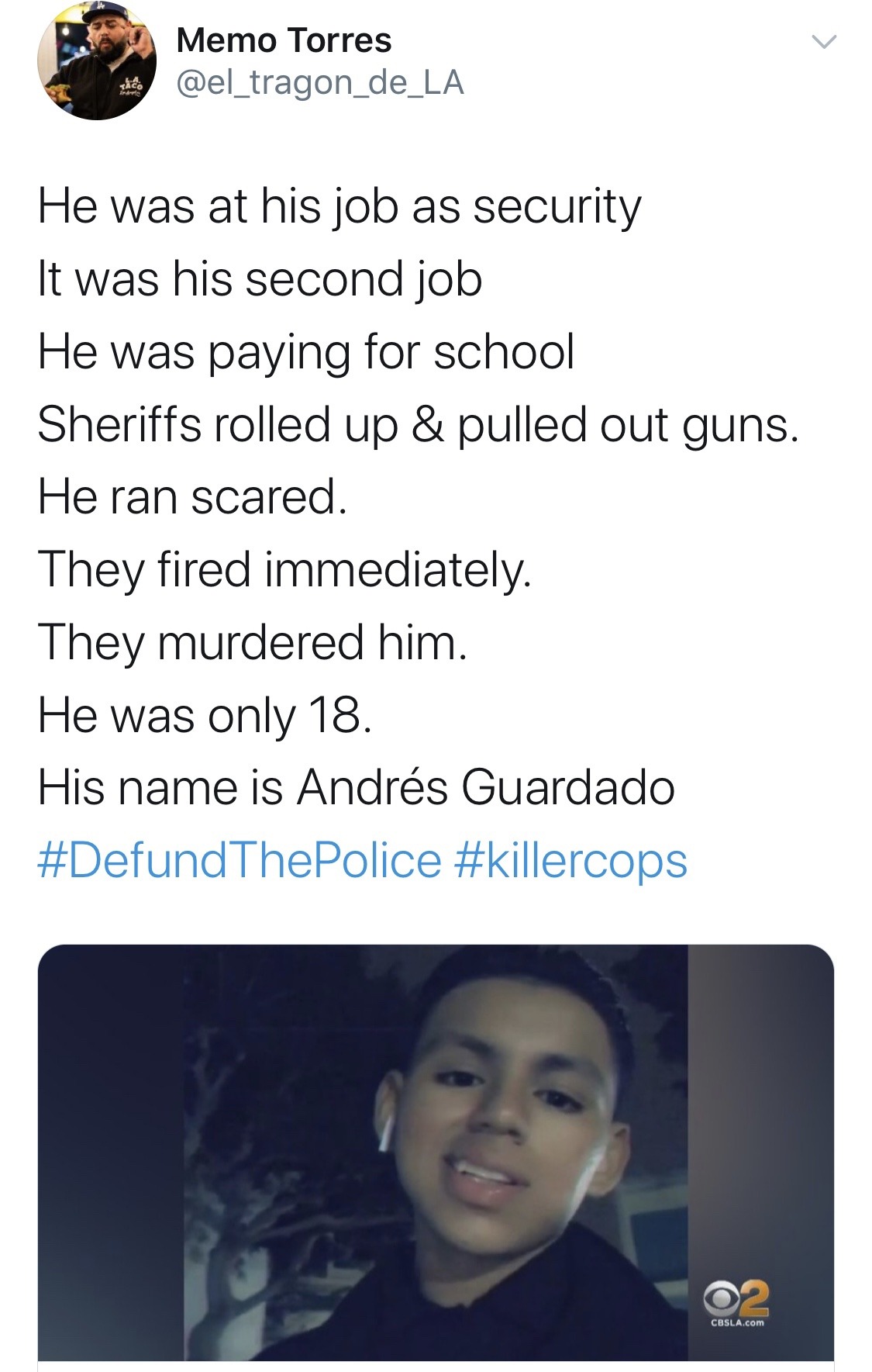 krxs100: Police officers shoot and kill Kid in Los Angeles: ‘He ran because he was scared’   Andrew Heney, owner of the Freeway autoshop, told a local CBS affiliate: “We had a security guard that was out front, because we had just had certain issues