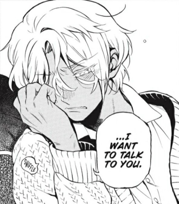 A panel of Noé Archiviste from the manga Vanitas no Carte. He's holding one hand to his face, wiping his tears as he blushes and cries. He's leaning back against Vanitas's back, turning his head toward him, and saying I want to talk to you." 