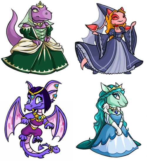 The unconverted Royal Girl Grarrl, Aisha, Draik and Kyrii from Neopets