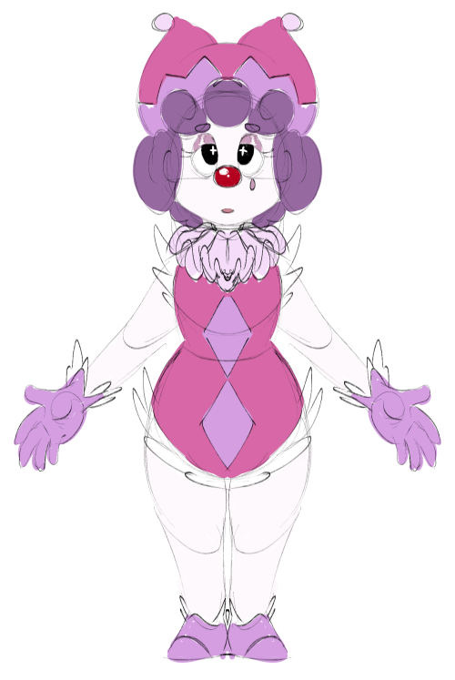   another one of those character designs i get stuck in my head while im trying to sleep. little clown/harlequinn/pierrot  