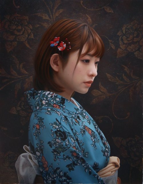 taishou-kun: Oka Yasutomo 岡 靖知 Oil paintings - Japan 1 - Hana asagi 花浅葱 2016 2 - Usuzakura 薄桜 (cher