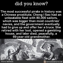 did-you-kno:  The most successful pirate in history was  a Chinese prostitute. Cheng I Sao had an unbeatable fleet with 80,000 sailors,  which was bigger than most countries’  navies, and the government eventually  had to give up and offer her a truce.