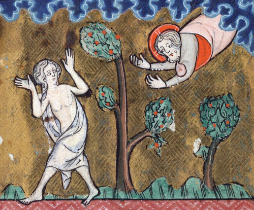 discardingimages:God chasing a naked girl(Song of Songs)Rothschild Canticles, Flanders 14th century.