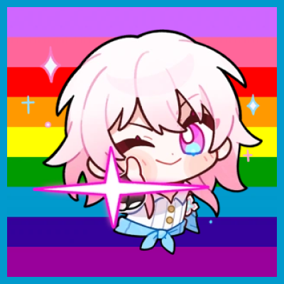 A chibi-style image of the character March 7th from the video game Honkai Star Rail overlaid atop the nine-stripe Gilbert Baker pride flag, with a turquoise border.
