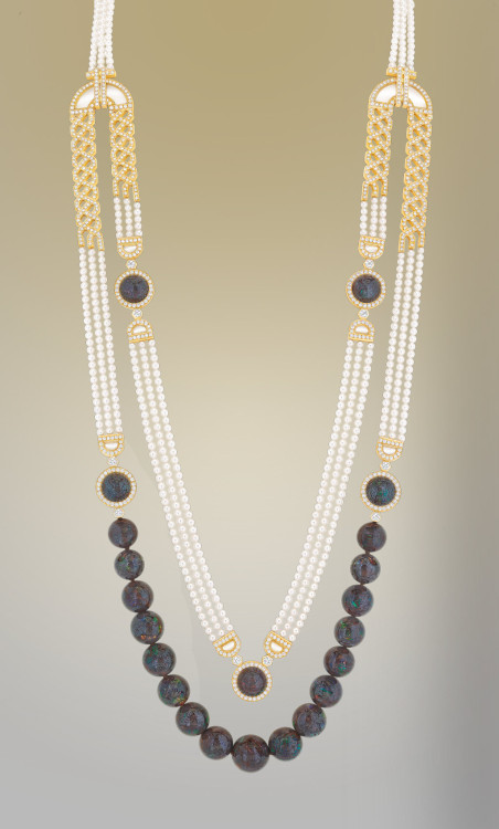 White Cultured Pearls, Diamonds, Rock Crystal and Black Matrix Opal Beads set in Rose Gold by Chaume