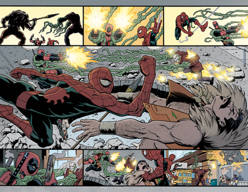 Double-page spreads from Spider-man/Deadpool #28, showing two different versions of the same fight. Colors by @chrisohalloranart