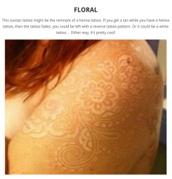 shushyoulol:  Ever had those pesky tan lines around your socks, sleeves, shorts, neck line, or swimsuit? That’s probably what inspired somebody to start the craze for suntan body art! The effect is like a tanning tattoo. Simply cover the area with a