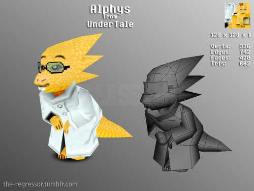 the-regressor:  Alphys from UnderTalePrevious Characters: Undyne, Papyrus, Sans, Flowey, Toriel, Frisk Next Friday’s model: Mettaton (default)(Will fix any texture errors next time when Mettaton enters) -Mark Tumblr Tags | Facebook | Twitter | Sketchfab